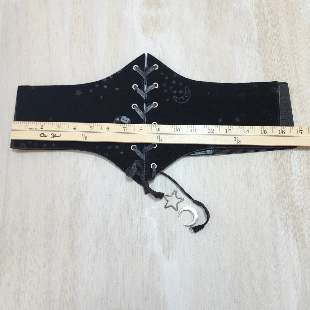 Black Velvet Celestial Moon Star Lace Up Corset Waist Belt Gothic Witchy Cinch S